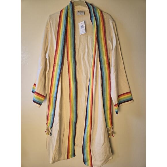 YAZD Tie Robe Size S/M Cream Rainbow Toweling Lounging Luxury Mid Length Soft - Picture 2 of 8